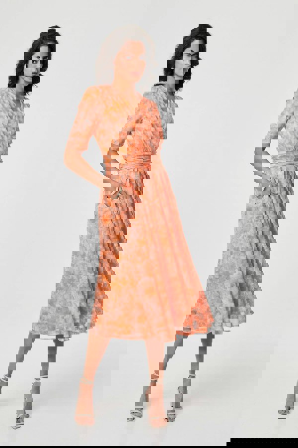 Orange | Printed 3/4 Sleeve Ruched Midi Dress
