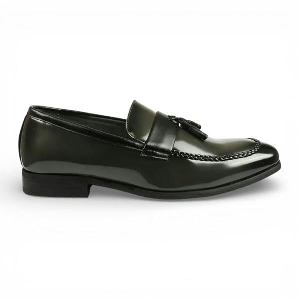 Dolcetto Mens Olive Tassel High-Gloss Patent Faux Leather Formal Loafers Shoes