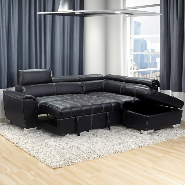 Furnishings For Less Nevada Black Leather Corner Sofa Bed Tilting Headrest + Storage Ottoman