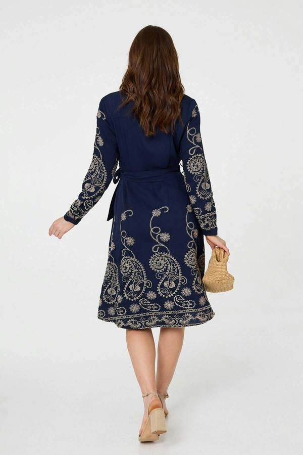 Navy | Embroidered Long Sleeve Shirt Midi Dress