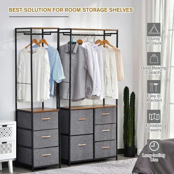 Coat rack storage cabinet with black steel frame, brown shelf, and 5 grey fabric drawers