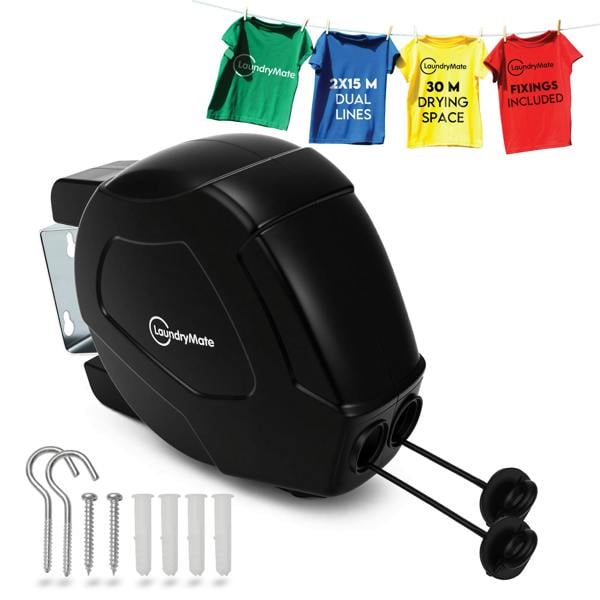 Laundry Mate Retractable Washing line – Duo Reels 30 & 26M Heavy Duty Extendable Washing Line with Twin Cable & Wall Mounted