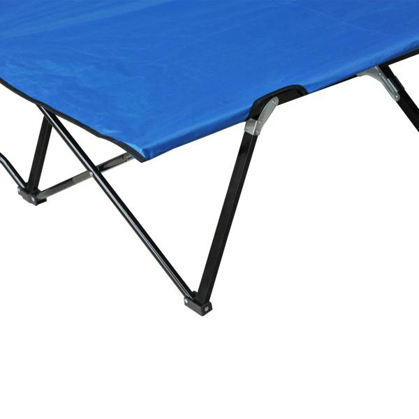 Close-up of blue double camping cot bed corner with foldable legs and latch.