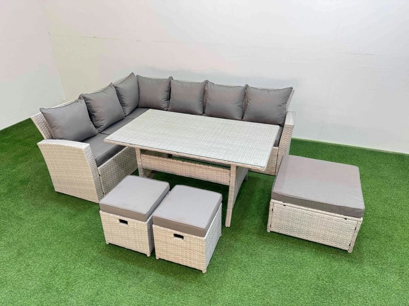 Fimous 9 Seater Rattan Garden Furniture Set Outdoor Patio Dining Corner Sofa Sets with Dining Table 3 Footstools Light Grey Mixed