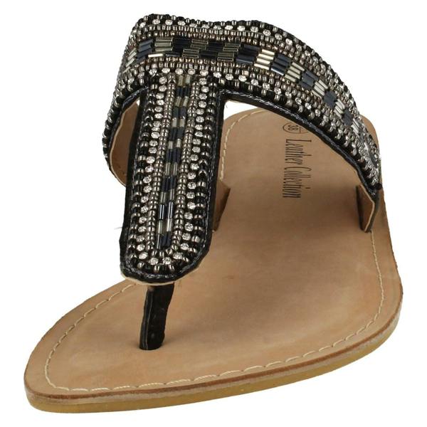 Spot On Ladies Spot On Leather Collection Beaded Toe Post Sandals
