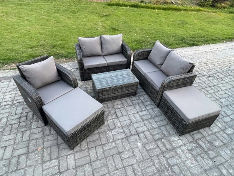 Fimous 7 Seater Garden Furniture Set Rattan Outdoor Lounge Sofa Chair With Tempered Glass Table 2 Big Footstool Dark Grey Mixed