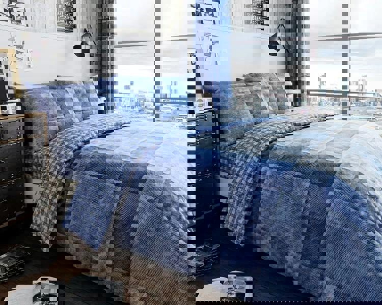 Smart Living Denim Check Duvet Cover and Pillowcase Set - Blue