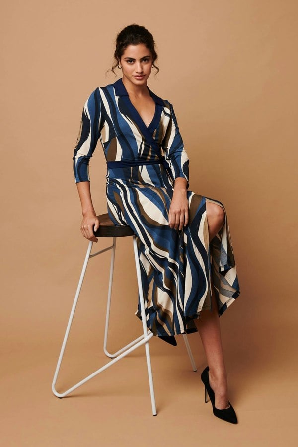 Blue | Striped 3/4 Sleeve Midi Wrap Dress
