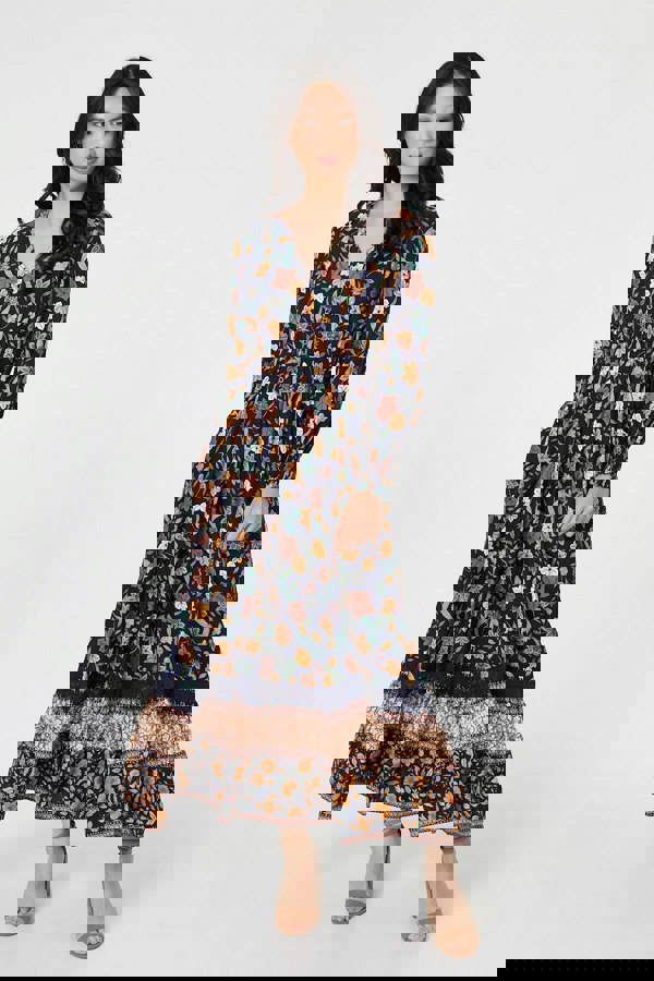 Navy | Floral Border Print Smocked Maxi Dress
