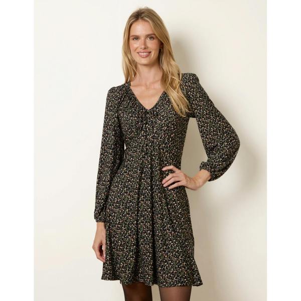 Blue Vanilla Floral Neck Swing Dress With Tie