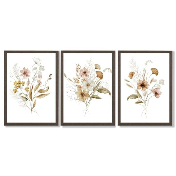 Autumn Wild Flower Bouquets Set of 3 Framed Art Prints with Dark Wood Frames