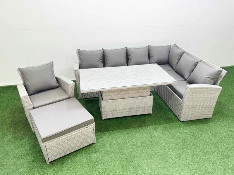 Fimous 8 Seat Rattan Garden Furniture Corner Sofa Set Outdoor Adjustable Lifting Dining or Coffee Table Set with Footstool Light Grey