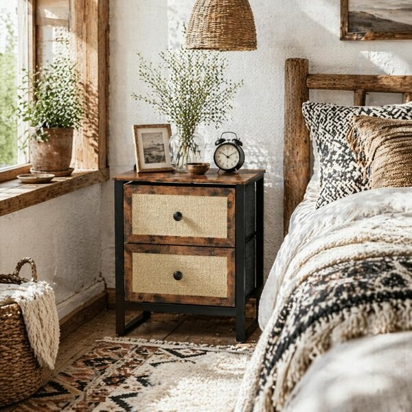 Wyld Haus Mata Coyo Brown Industrial Bedside Table Wicker 2 Drawers
