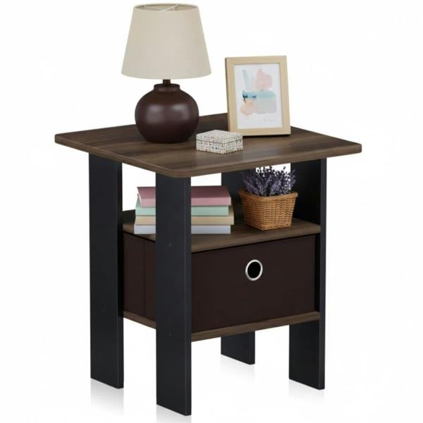 WALPLUS Andrey End Table Nightstand with Bin Drawer, Columbia Walnut/Dark Brown | Stylish Table for Home Use with Practical and Modern Design