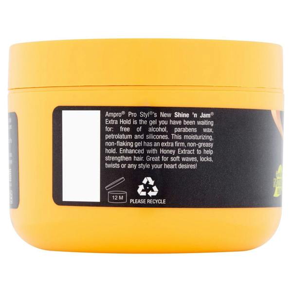Ampro Shine Jam Extra Hold gel enhanced with Honey Extract to help strengthen hair.