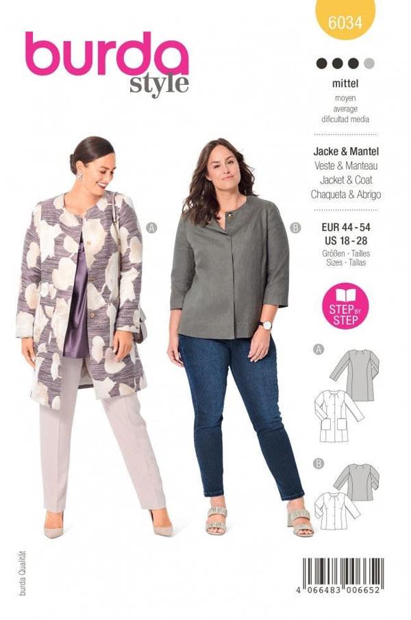 Burda Sewing Pattern 6034 Jackets and Coats For Women, 18-28 (44-54) - Intermediate