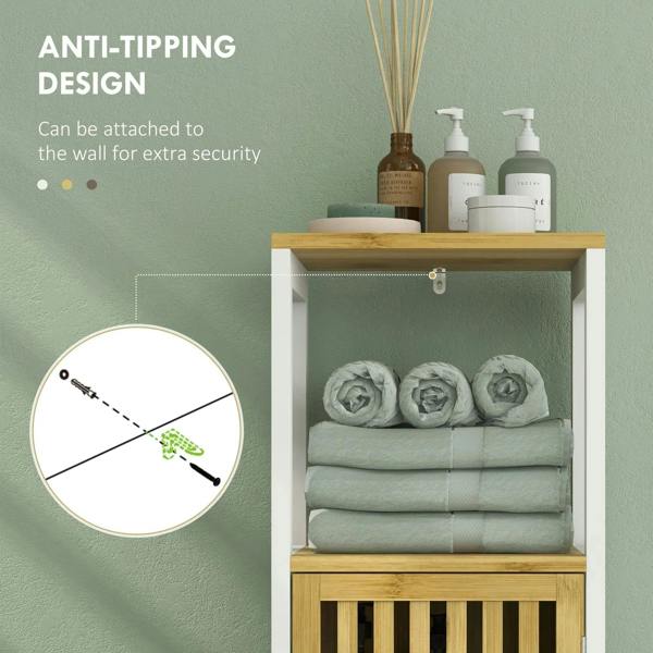 White bathroom cabinet with secure anti-tipping feature and bamboo slatted door