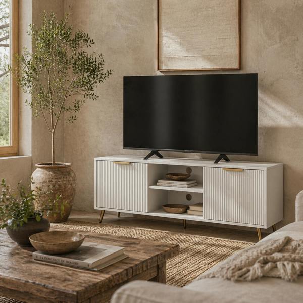 Wyld Haus Lamo 120cm Wooden White TV Stand 2 Etched Doors and Shelf For Screens Up To 55 Inches