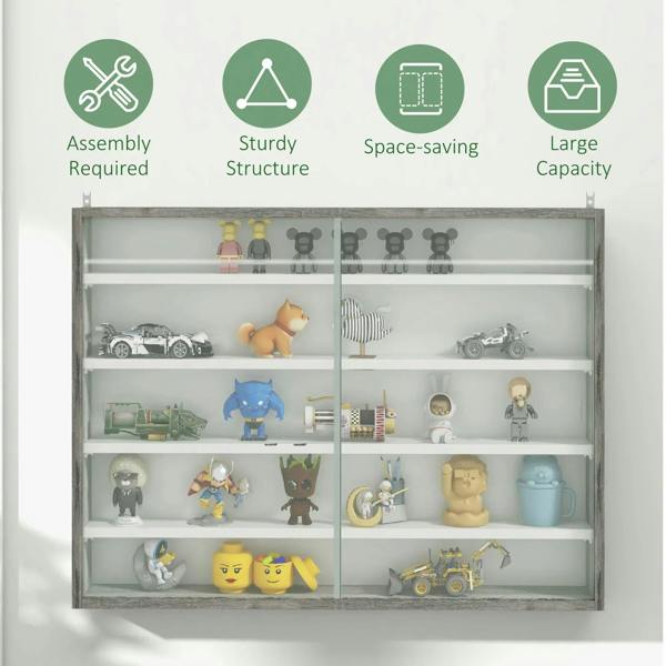 Grey wood-grain display cabinet with glass doors and four adjustable shelves
