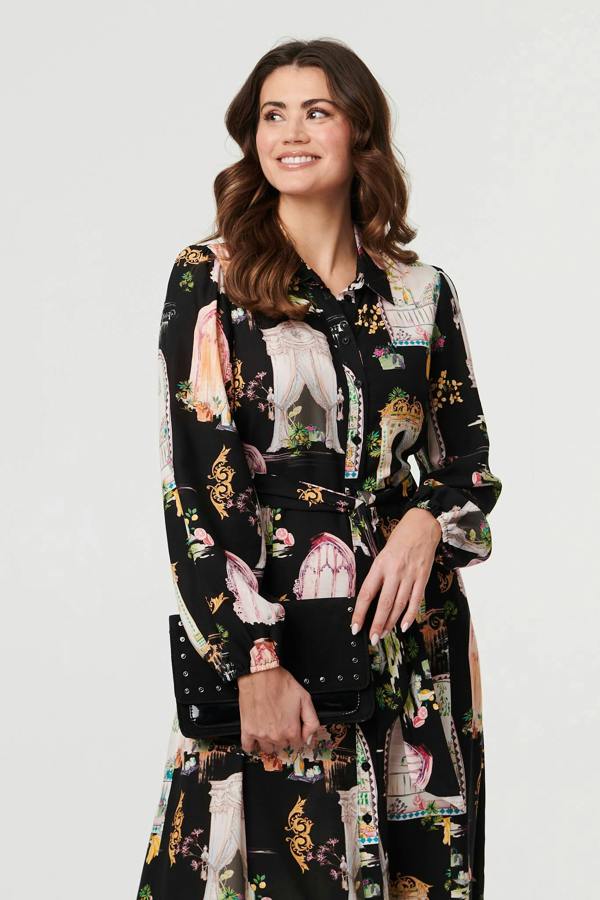 Black | Abstract Long Sleeve Shirt Midi Dress