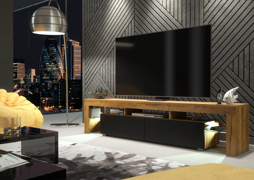 Mex Furniture Sleek 200 cm Modern TV Unit Cabinet Stand Oak Matt Black Doors with Free LED Lights