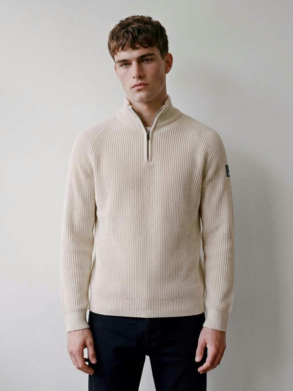 Luke 1977 Watton Plated 1/4 Zip Knitted Jumper - Stone