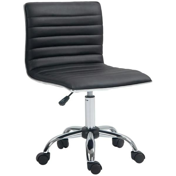Black armless task desk chair with faux leather seat, chrome base, swivel casters.