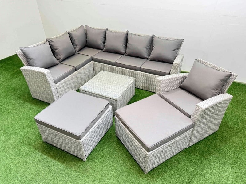 Fimous Outdoor Rattan Garden Furniture Set 9 Seater Corner Sofa Sets with Square Coffee Table Chair 2 Big Footstools Light Grey Mixed