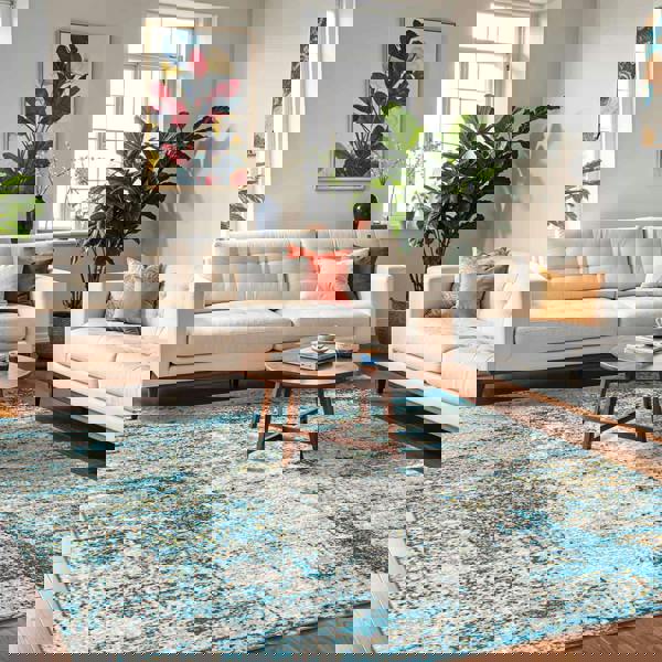 Livabliss San Francisco-Abstract Blue Grey Yellow Modern Marble Rug