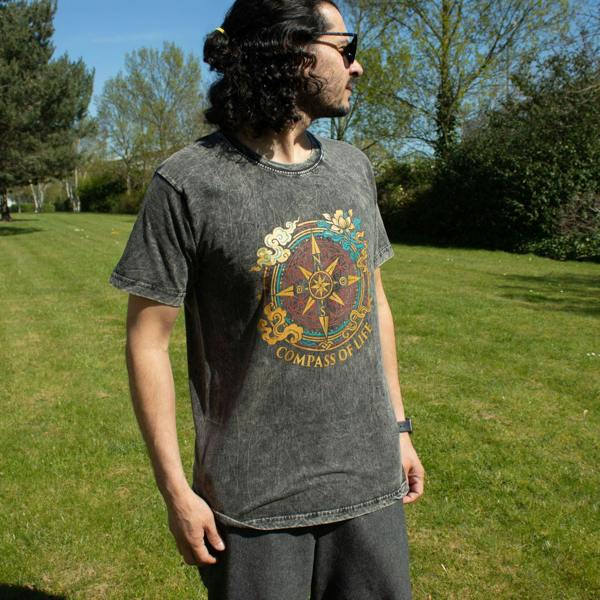 Charcoal stonewashed cotton T-shirt with Compass of Life graphic on front
