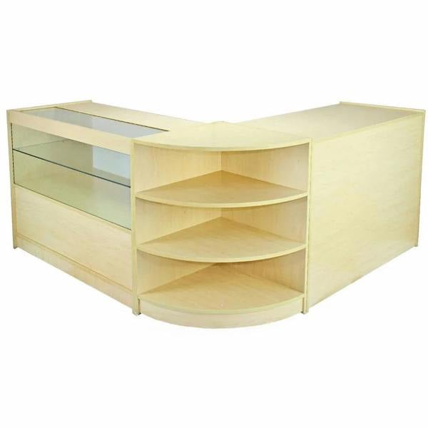Nova Maple Shop Counter & Retail Display Set featuring a light maple finish, curved design, glass display shelves, and ample storage space