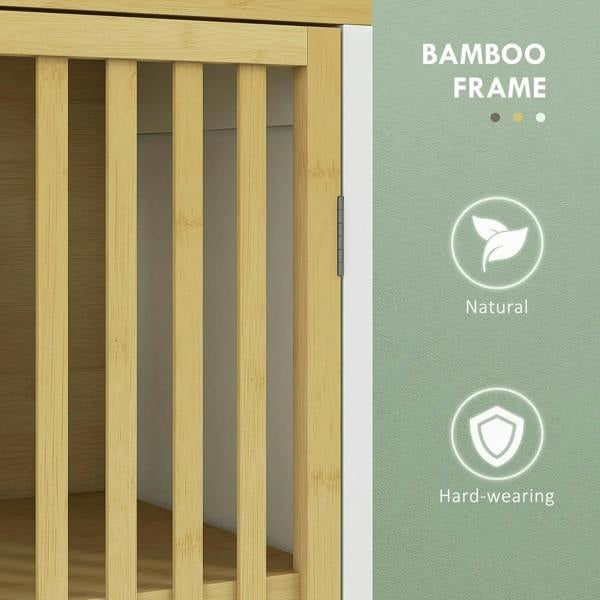 Natural bamboo frame detail with vertical slats on the cabinet door