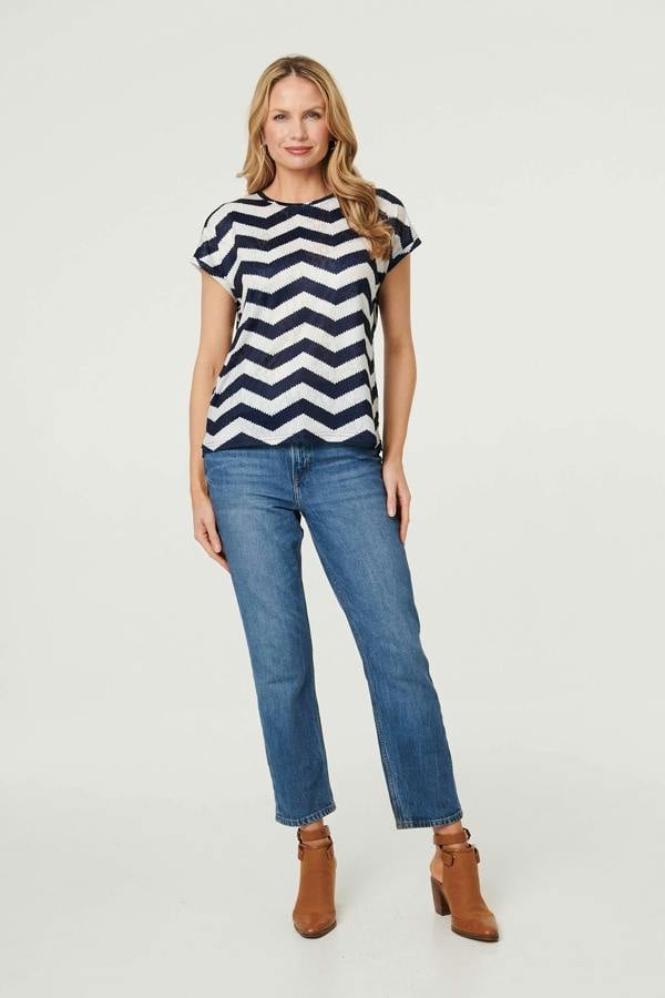 Navy | Zig Zag Cap Sleeve Slim Fit Top
