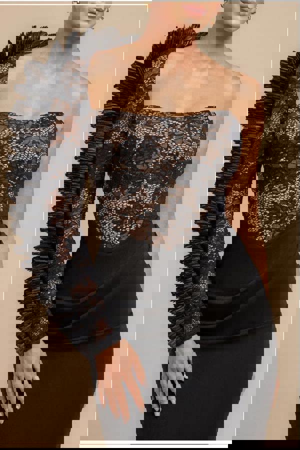 One Shoulder Organza  Fan Detail Lace Bodice Midi Dress - Black DR4607