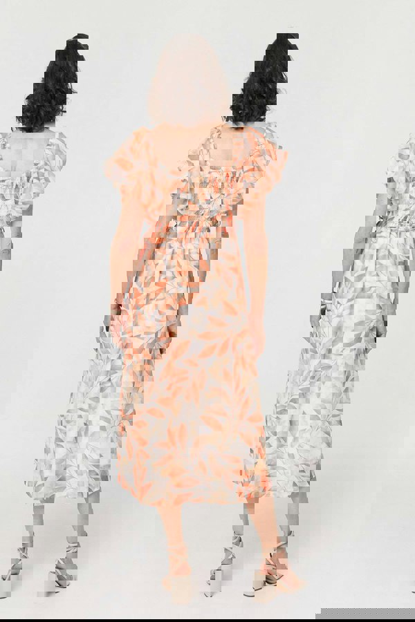 Orange | Leaf Print Short Puff Sleeve Midi Dress
