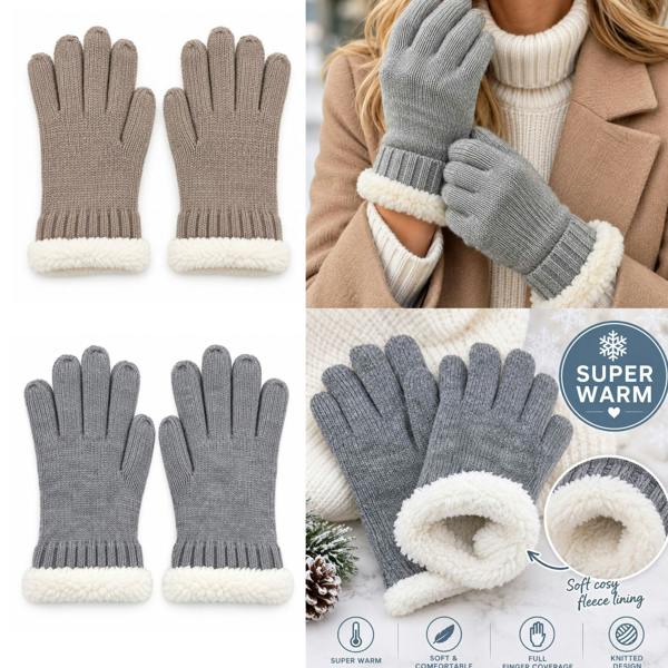 Love EMVY Ladies Wool Blend Knitted Winter Gloves with Soft Fleece Cuff