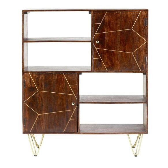 Wyld Haus Bandung Dark Mango Wood and Gold Storage Cabinet 4 Shelves 2 Doors