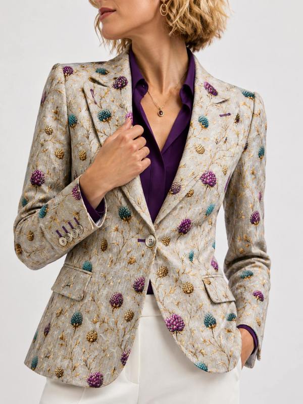 Highland Jewel Thistle Print Blazer styled with a purple blouse – front detail