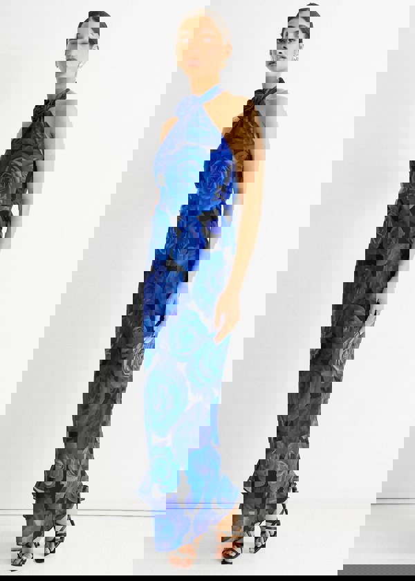 Gini London Blue Floral Occasion Halter Maxi Dress