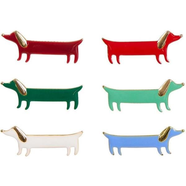 Set of six colourful enamel sausage dog pins with gold details included inside the Plaid Sausage Dog Christmas Crackers.