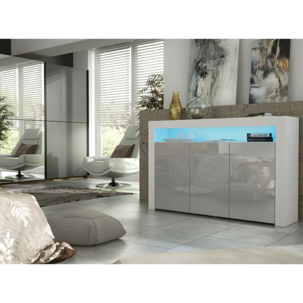 Mex Furniture 155cm Sideboard TV Stand Cupboard Cabinet – Grey High Gloss Doors with Free LED