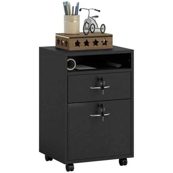 Black mobile filing cabinet with open shelf, two drawers, metal handles, and 4 wheels