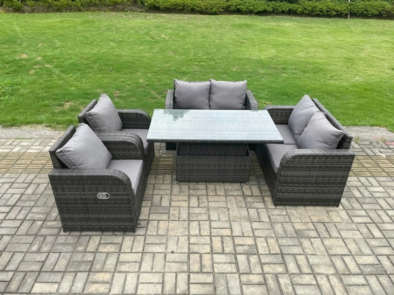 Fimous Rattan Furniture Outdoor Garden Dining Set Patio Height Adjustable Rising lifting Table Love Sofa Chair Set