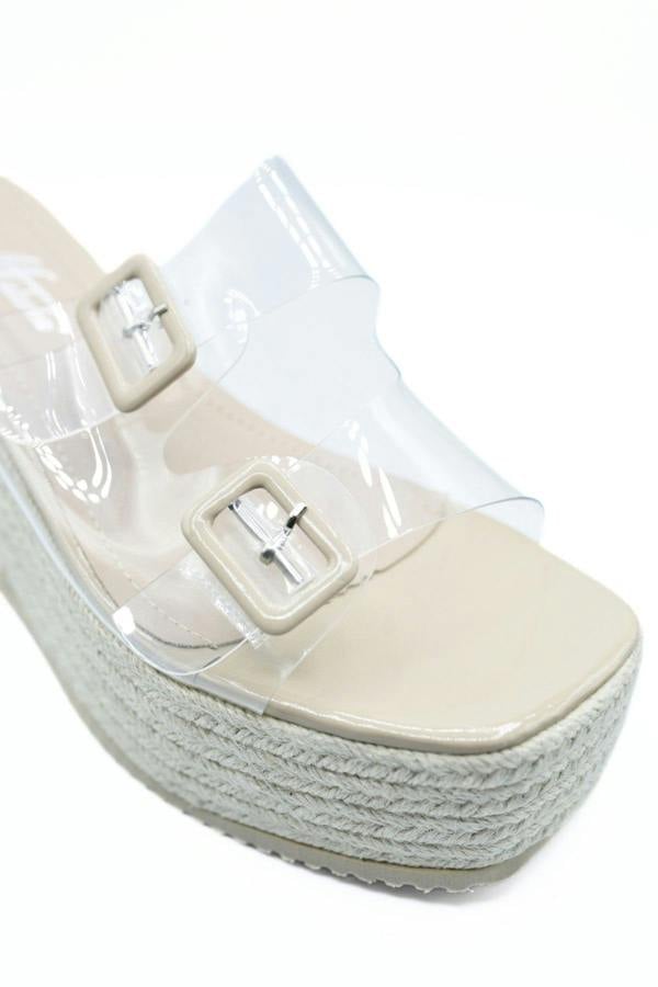 Edna Double Buckle Transparent Straps Slip On Wedge Heels - Beige