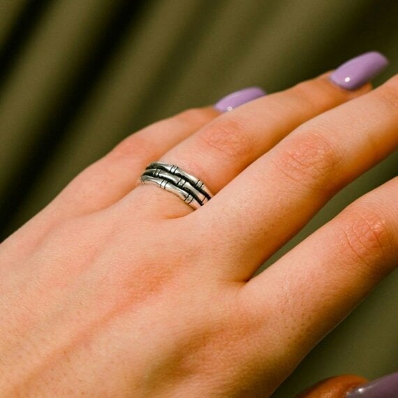 The Colourful Aura Silver Adjustable Thick Multilayer Bamboo Dainty Band Ring