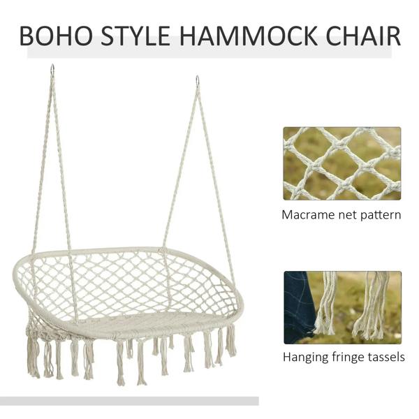 Boho cream macrame hammock chair with net seat pattern and hanging fringe tassels