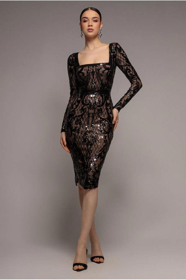 Sequin Square Neck Bodycon Midi Dress With Scalloped Hem - Black DR4123