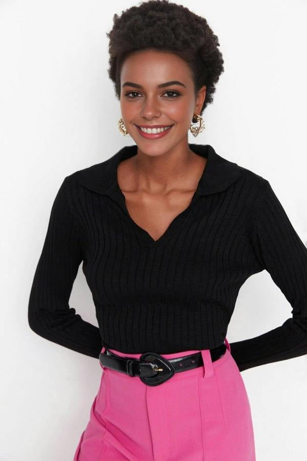 WOVCOR Polo Neck Knit Sweater with Finger Detail
