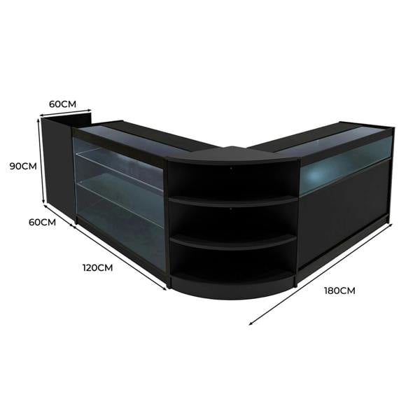 Black Hyperion LED shop counter set with sleek design, featuring glass shelves and precise dimensions for retail display