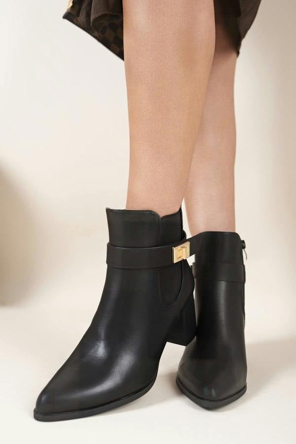 Noeme Side Zip Block Heel Ankle Boots With Buckle Strap Detail - Black